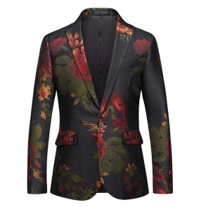 Men's Jazz dance floral blazers youth red rose flowers singers choir host barber groomsman party one-button dress suit